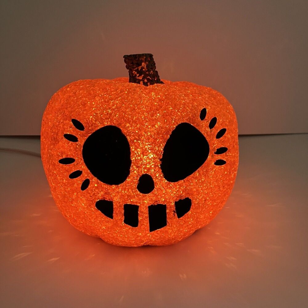 Vintage Halloween Melted Plastic Jack O  Lantern Lighted Sparkling 6” X 7”